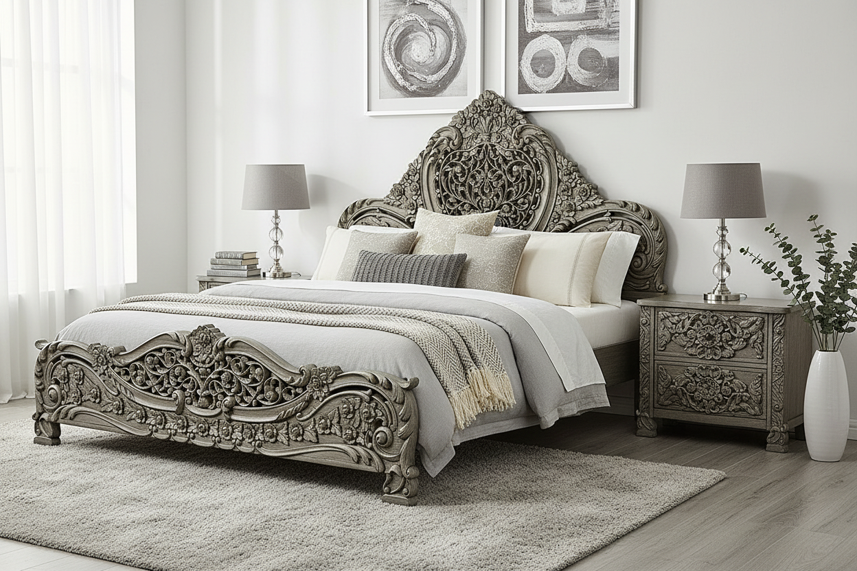 Arangi Hand-Carved Solid Wood Platform Bed