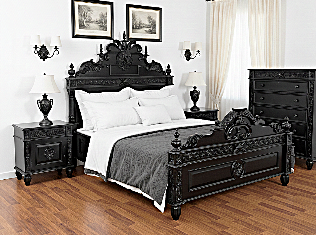Lion Head Hand Carved Elegant Design Gothic Style Platform Bed