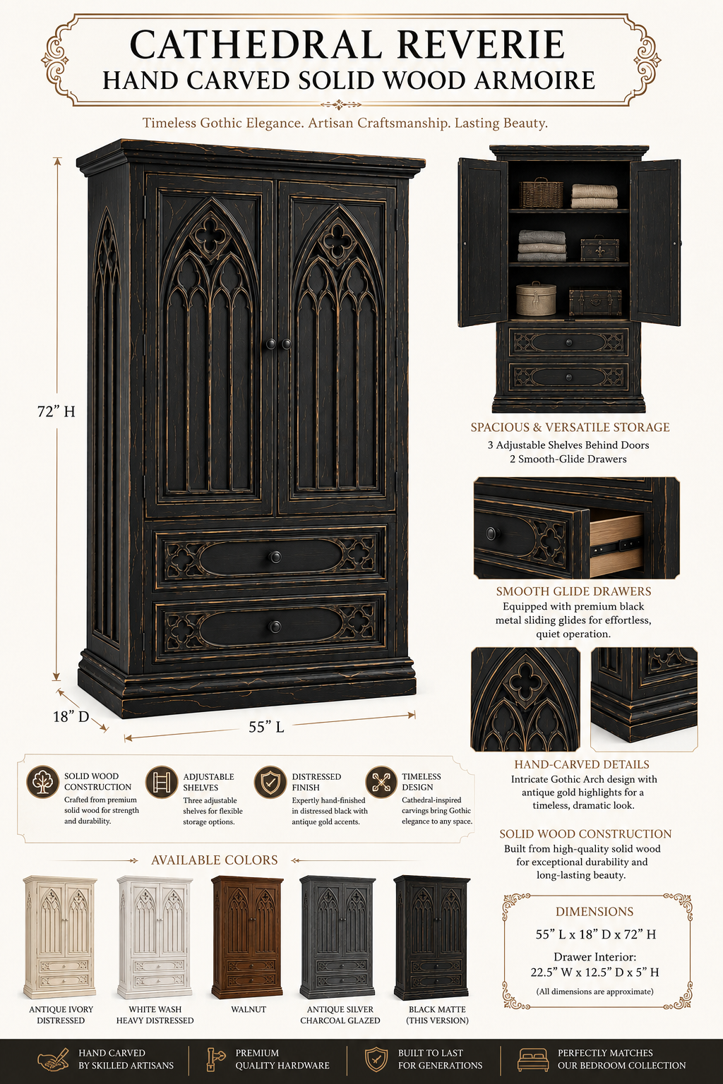 Cathedral Reverie™ Gothic Hand-Carved Solid Wood Armoire
