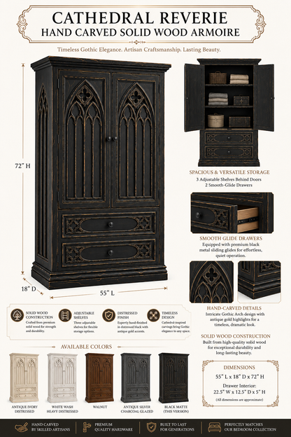 Cathedral Reverie™ Gothic Hand-Carved Solid Wood Armoire