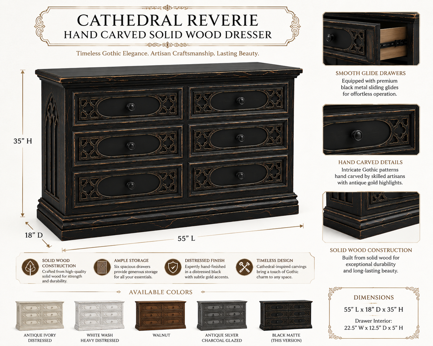 Cathedral Reverie™ Gothic Hand-Carved Solid Wood Dresser