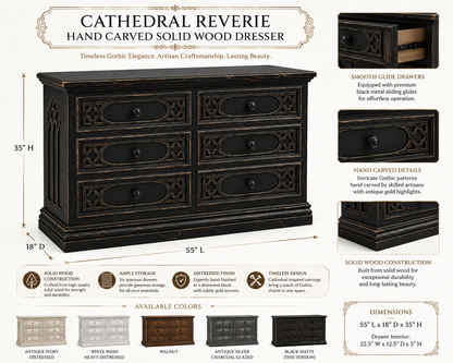 Cathedral Reverie™ Gothic Hand-Carved Solid Wood Dresser