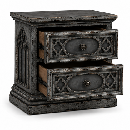 Cathedral Reverie™ Gothic Hand-Carved Solid Wood Nightstand