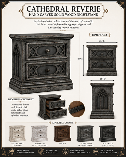 Cathedral Reverie™ Gothic Hand-Carved Solid Wood Nightstand