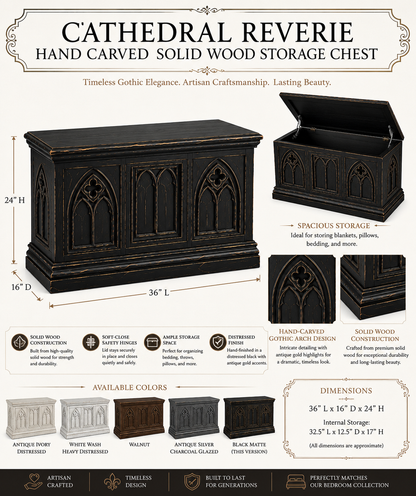 Cathedral Reverie™ Gothic Hand-Carved Solid Wood Storage Chest Box