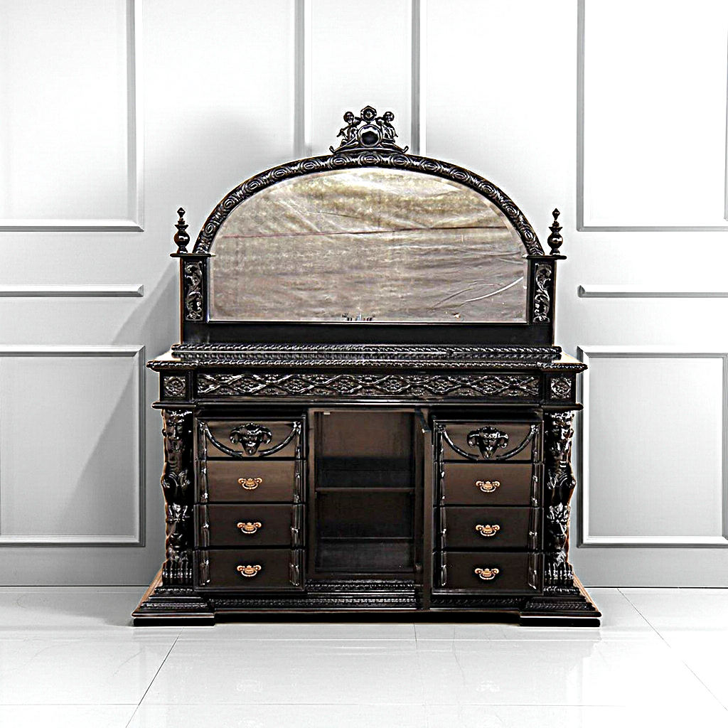 gothic black dresser SOLD Antique Victorian three drawer dresser with gothic details in solid black with dark stained top. Unfortunately one of the beautiful original pulls was broken so I replaced them all with this