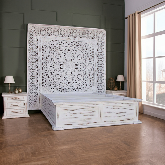 Dynasty Hand Carved Wooden Jody Bed Frame With Storage Drawers