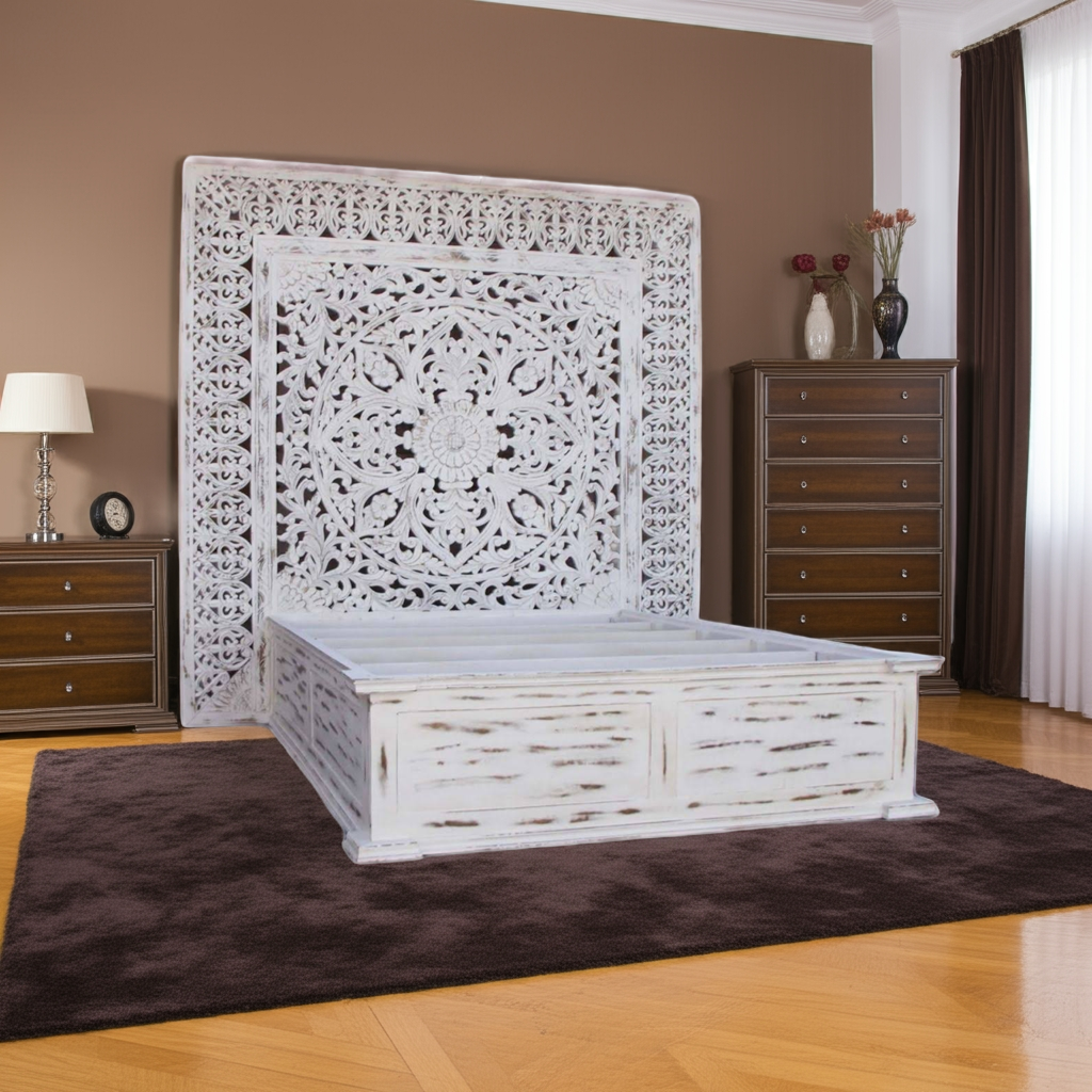 Dynasty Hand Carved Wooden Jody Bed Frame With Storage Drawers