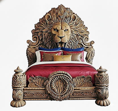 Imperial Lion Throne Carved Platform Bed & Bedroom Set – Handcrafted Solid Wood Masterpiece