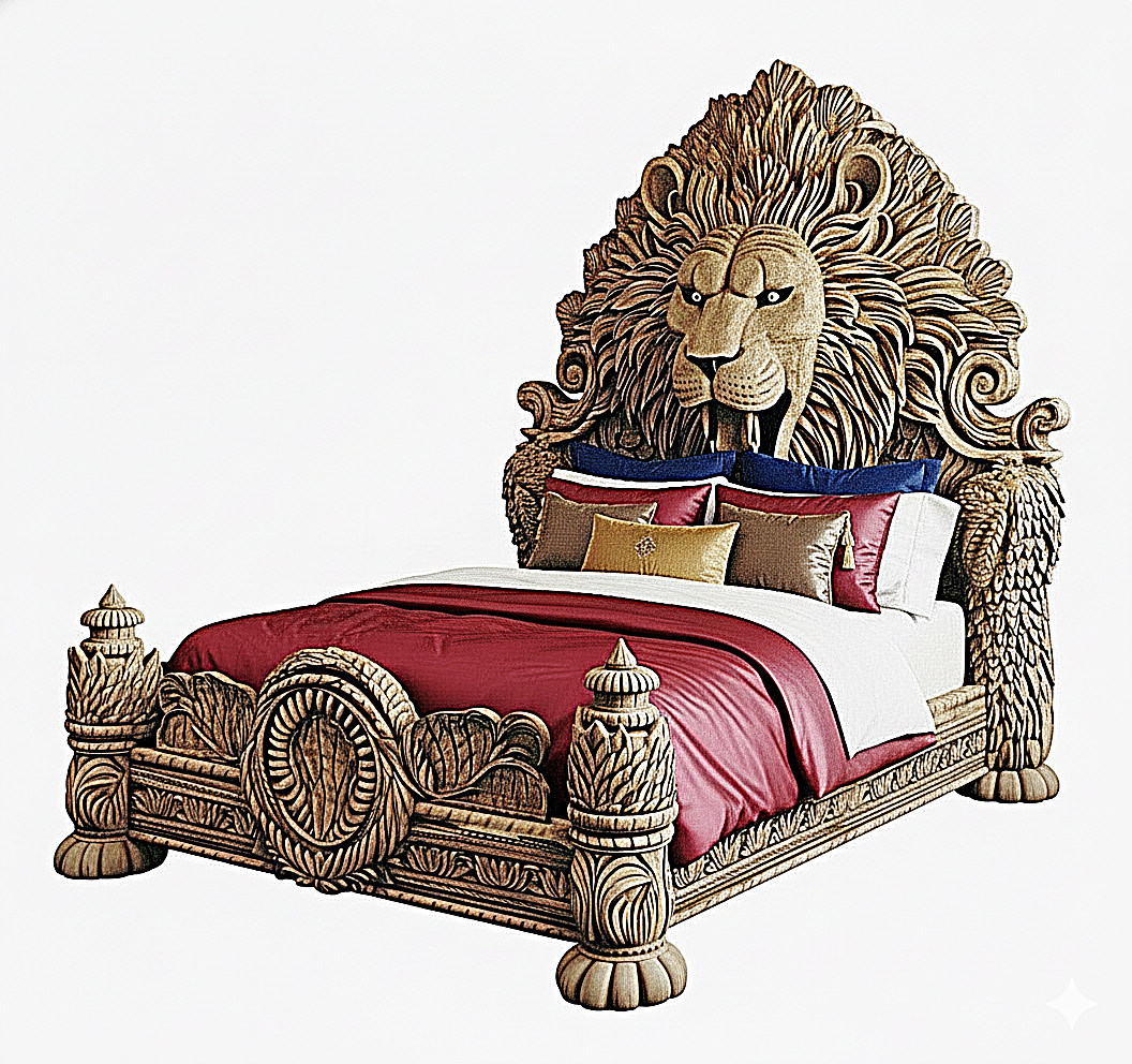 Imperial Lion Throne Carved Platform Bed & Bedroom Set – Handcrafted Solid Wood Masterpiece