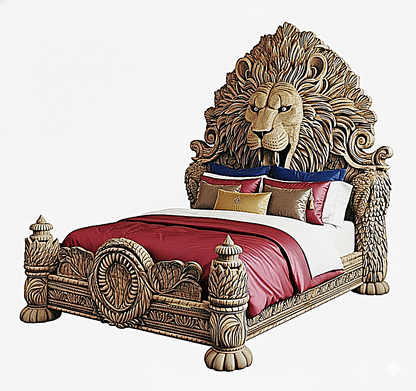 Imperial Lion Throne Carved Platform Bed & Bedroom Set – Handcrafted Solid Wood Masterpiece