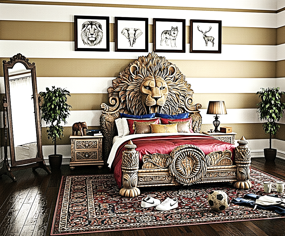 Imperial Lion Throne Carved Platform Bed & Bedroom Set – Handcrafted Solid Wood Masterpiece