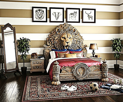 Imperial Lion Throne Carved Platform Bed & Bedroom Set – Handcrafted Solid Wood Masterpiece