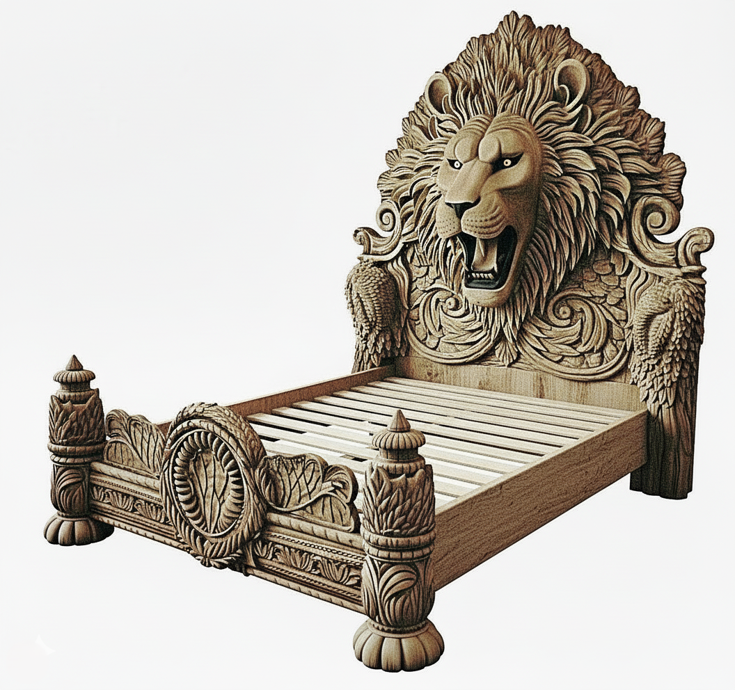 Imperial Lion Throne Carved Platform Bed & Bedroom Set – Handcrafted Solid Wood Masterpiece