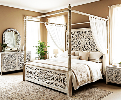 Indian Hand Carved wooden High Headboard Canopy Bed Frame