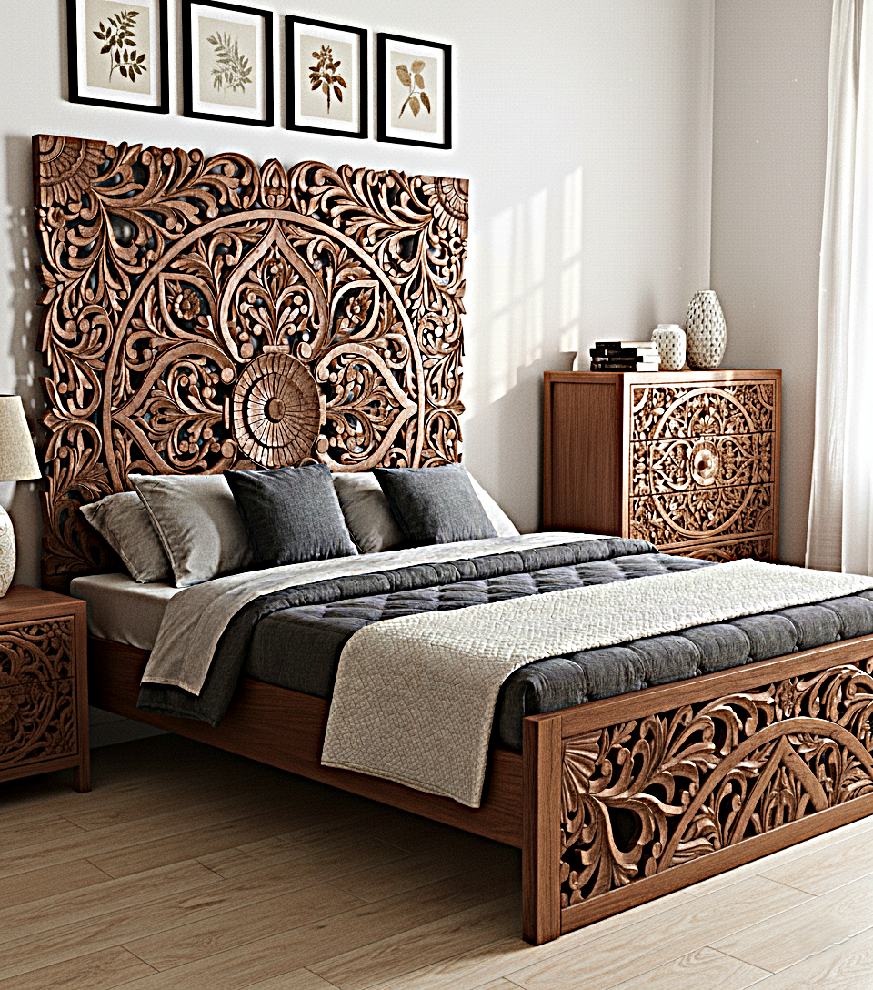 Amani Hand Carved Indian Somier de madera maciza Blanco