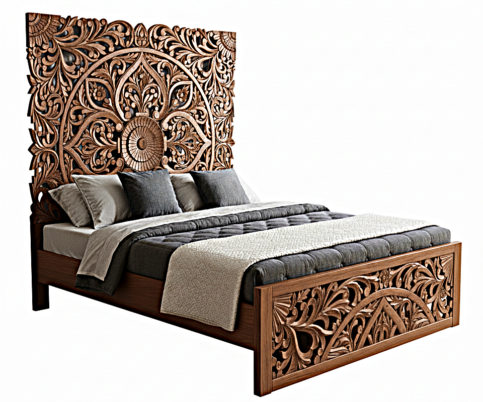 Amani Hand Carved Indian Somier de madera maciza Blanco