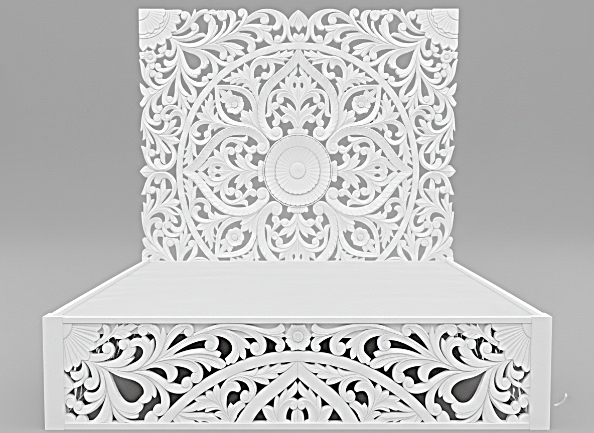 Amani Hand Carved Indian Somier de madera maciza Blanco