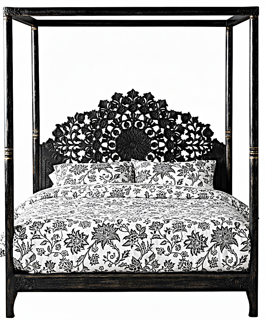 Shahi Mughal Hand Carved Indian Wooden Canopy Platform Bed