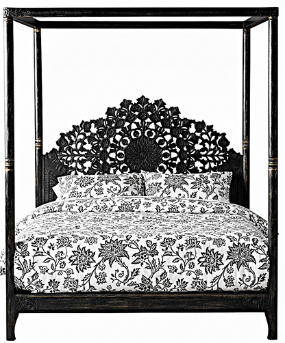Shahi Mughal Hand Carved Indian Wooden Canopy Platform Bed