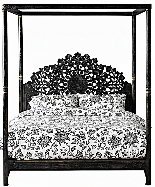 Shahi Mughal Hand Carved Indian Wooden Canopy Platform Bed