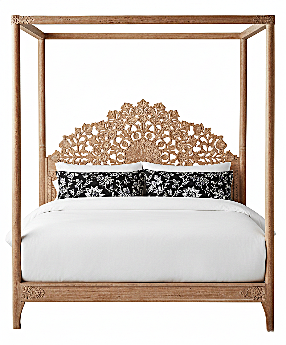 Shahi Mughal Hand Carved Indian Wooden Canopy Platform Bed