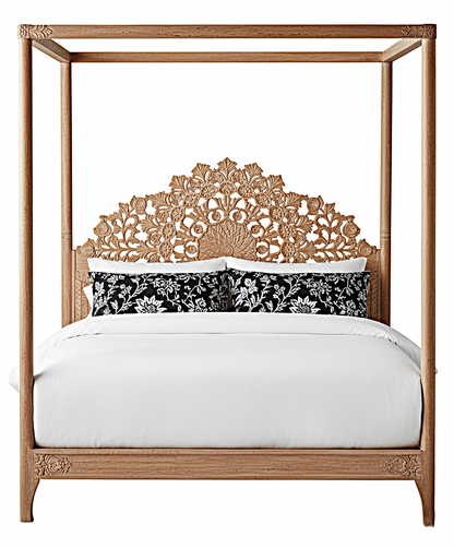 Shahi Mughal Hand Carved Indian Wooden Canopy Platform Bed