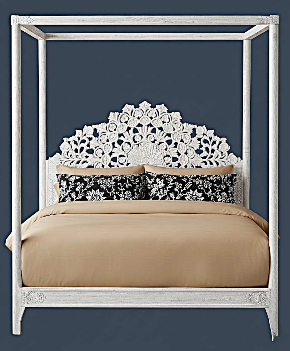Shahi Mughal Hand Carved Indian Wooden Canopy Platform Bed