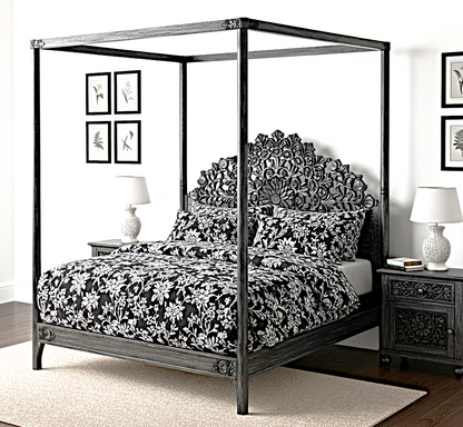 Shahi Mughal Hand Carved Indian Wooden Canopy Platform Bed