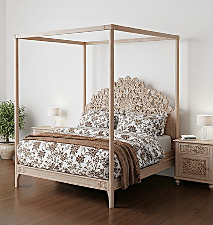 Shahi Mughal Hand Carved Indian Wooden Canopy Platform Bed