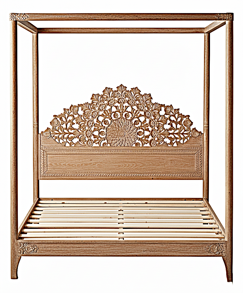 Shahi Mughal Hand Carved Indian Wooden Canopy Platform Bed