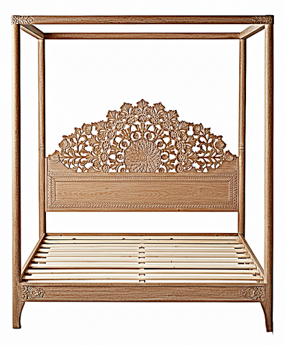 Shahi Mughal Hand Carved Indian Wooden Canopy Platform Bed