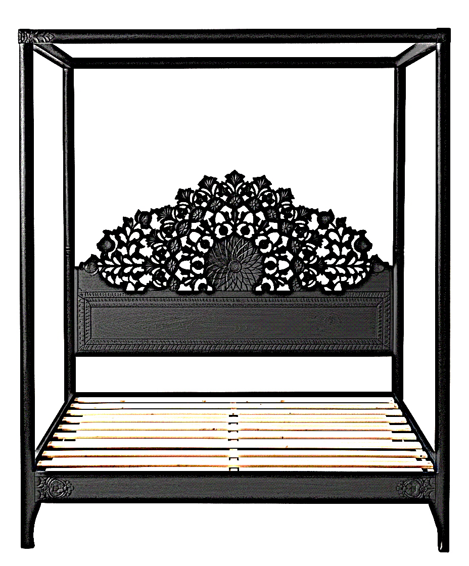Shahi Mughal Hand Carved Indian Wooden Canopy Platform Bed