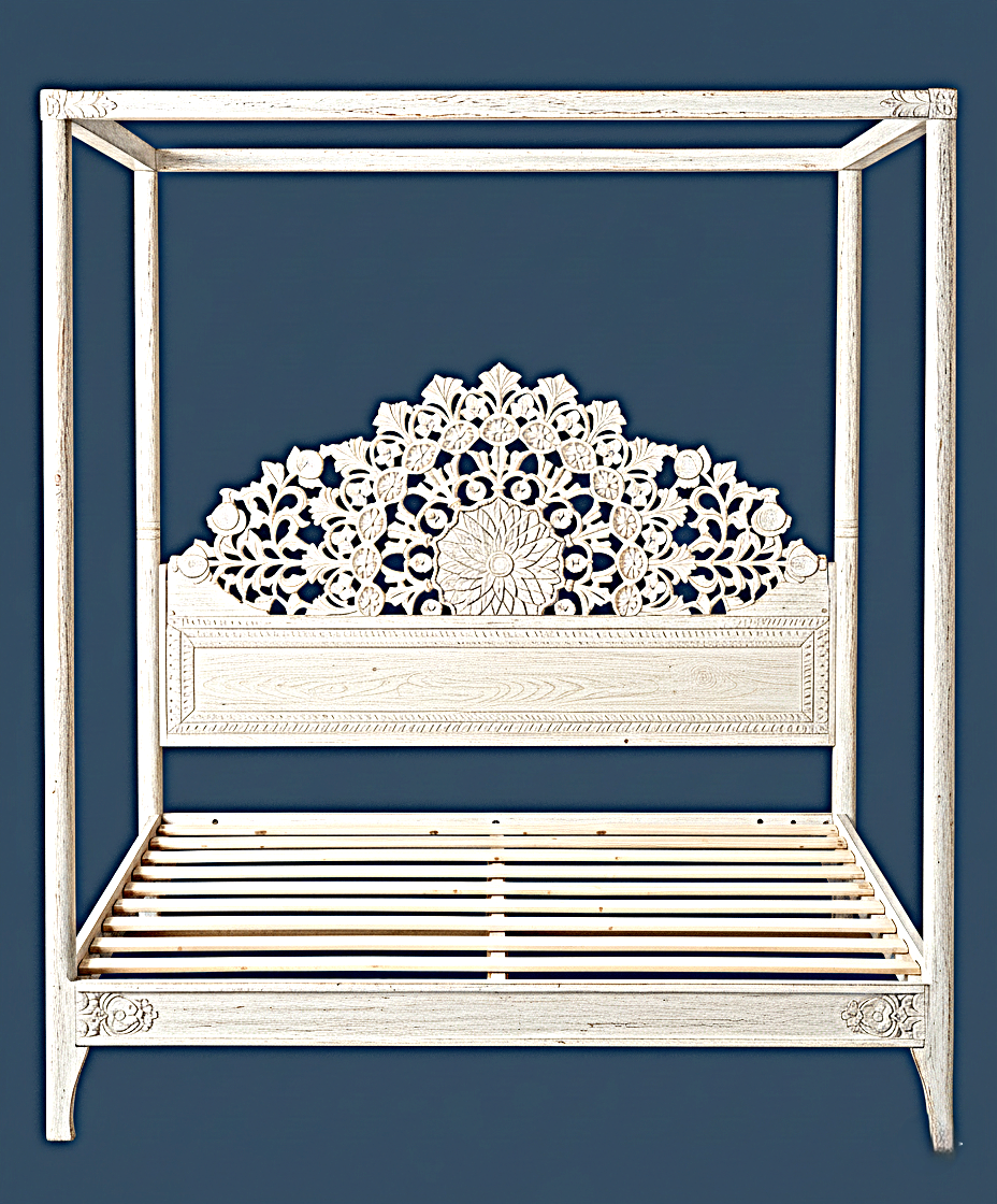 Shahi Mughal Hand Carved Indian Wooden Canopy Platform Bed
