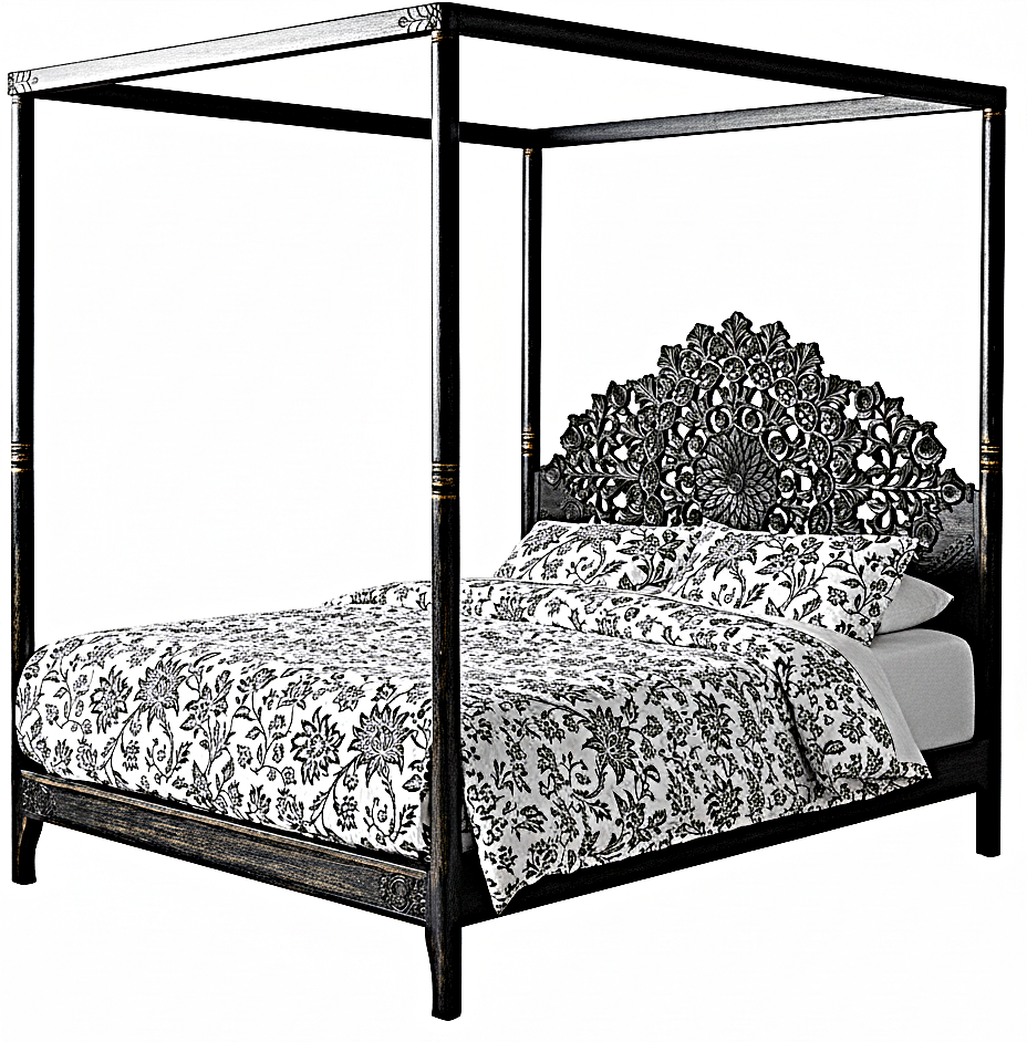Shahi Mughal Hand Carved Indian Wooden Canopy Platform Bed
