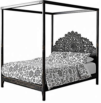 Shahi Mughal Hand Carved Indian Wooden Canopy Platform Bed