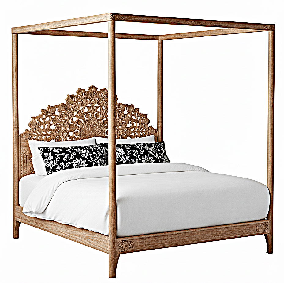 Shahi Mughal Hand Carved Indian Wooden Canopy Platform Bed