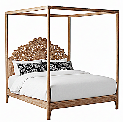 Shahi Mughal Hand Carved Indian Wooden Canopy Platform Bed