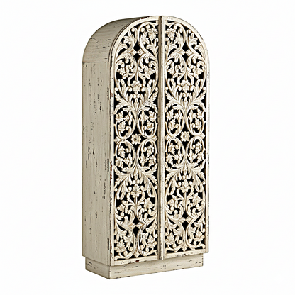 Sitra Arched Natural Floral Hand Carved Wood  Storage Cabinet
