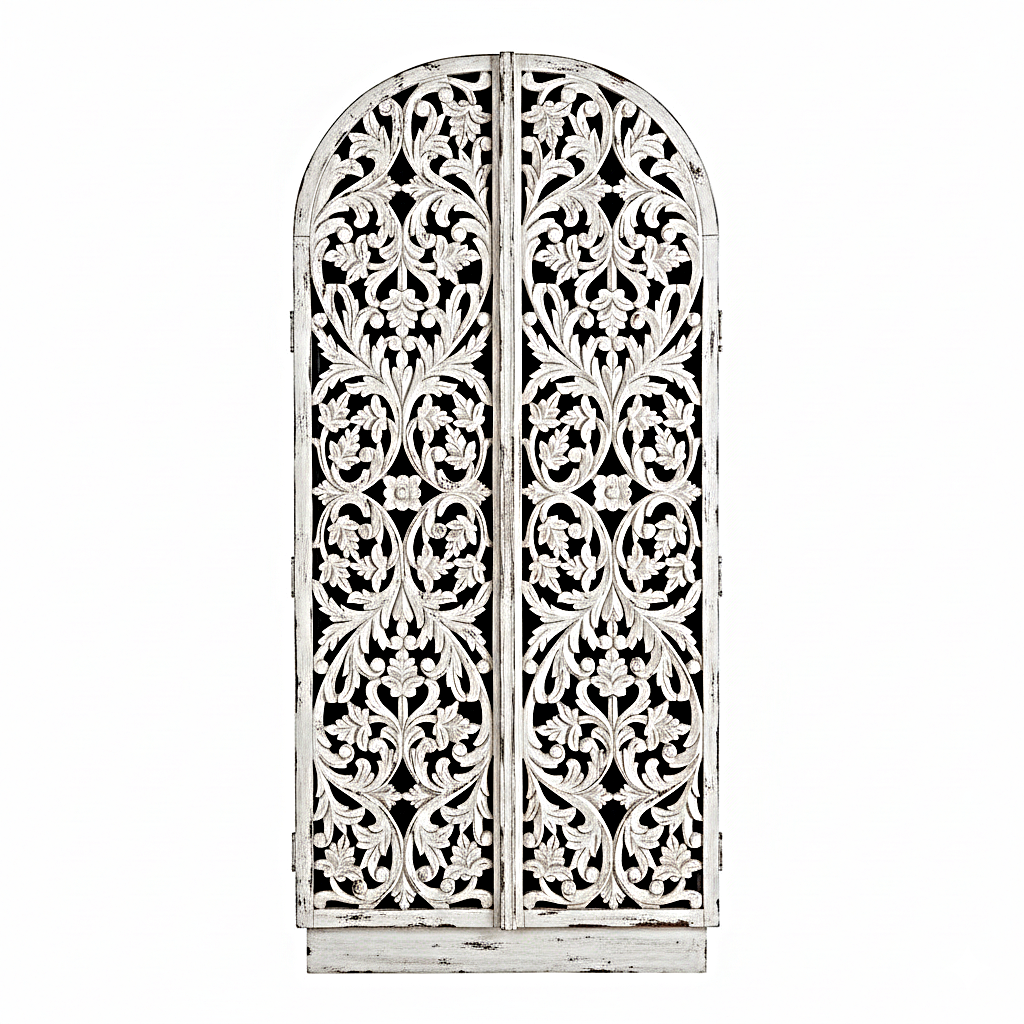 Sitra Arched Natural Floral Hand Carved Wood  Storage Cabinet