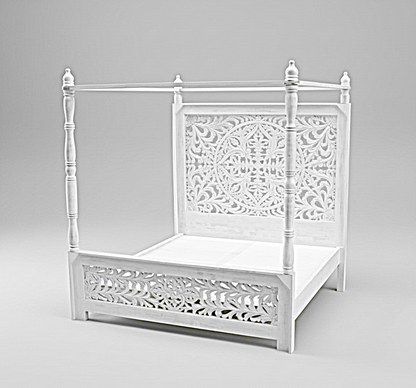 Indian Hand Carved wooden High Headboard Canopy Bed Frame