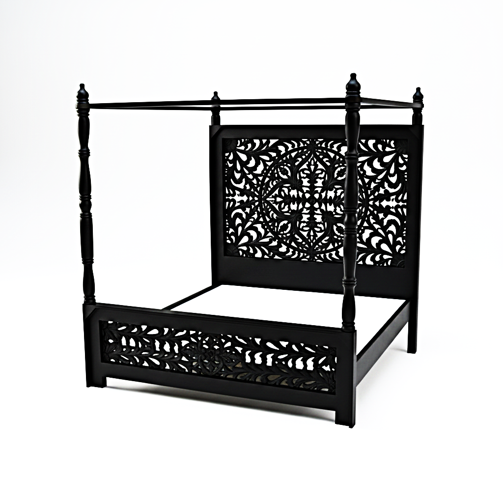 Indian Hand Carved wooden High Headboard Canopy Bed Frame