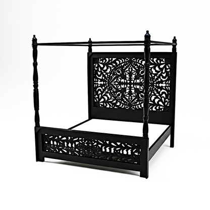 Indian Hand Carved wooden High Headboard Canopy Bed Frame