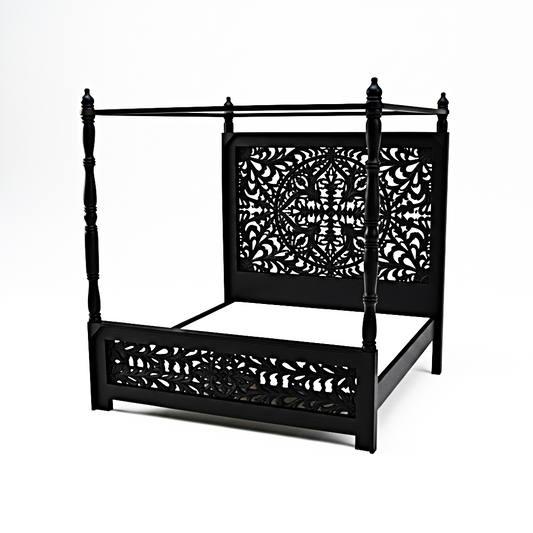 Indian Hand Carved wooden High Headboard Canopy Bed Frame