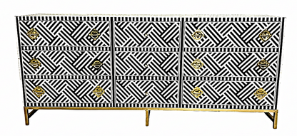 Cómoda de cajón hecha a mano con incrustaciones de hueso color blanco y negro con 9 cajones