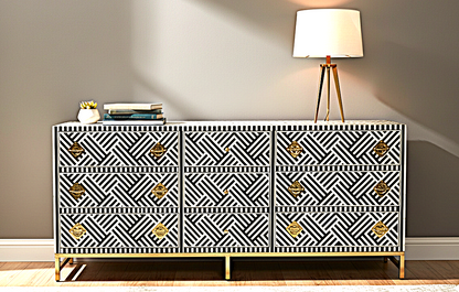Cómoda de cajón hecha a mano con incrustaciones de hueso color blanco y negro con 9 cajones