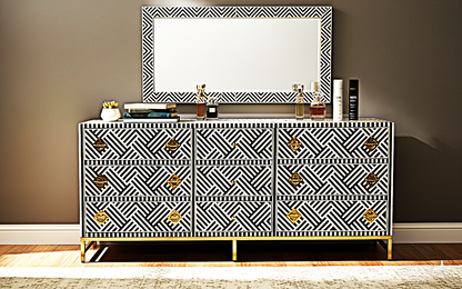Cómoda de cajón hecha a mano con incrustaciones de hueso color blanco y negro con 9 cajones