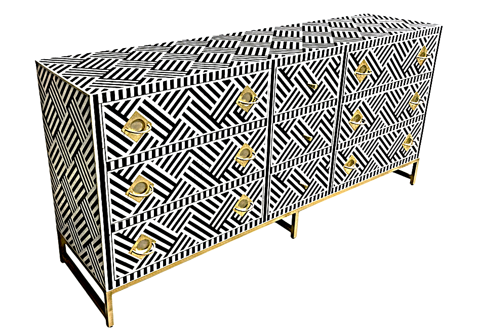 Cómoda de cajón hecha a mano con incrustaciones de hueso color blanco y negro con 9 cajones