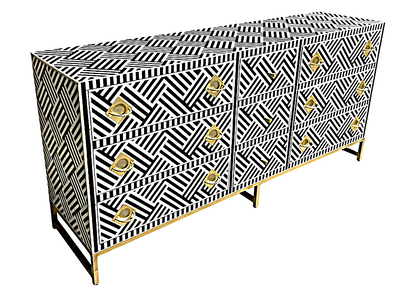 Cómoda de cajón hecha a mano con incrustaciones de hueso color blanco y negro con 9 cajones
