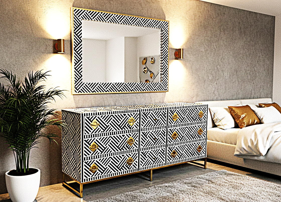 Cómoda de cajón hecha a mano con incrustaciones de hueso color blanco y negro con 9 cajones